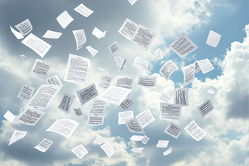Numerous documents flying freely in a cloudy sky, surreal atmospheric style, background of overcast clouds, concept of data loss and chaos, Ai generative