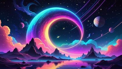A Vibrant Cosmic Landscape With Neon Crescent Moon Over A Tranquil Lake Surrounded By Silhouetted Mountains Under A Starry Night Sky