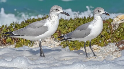 Obraz premium Beach Birds Gulls stand in the foam ocean backdrop dappled sunlight Coastal serenity