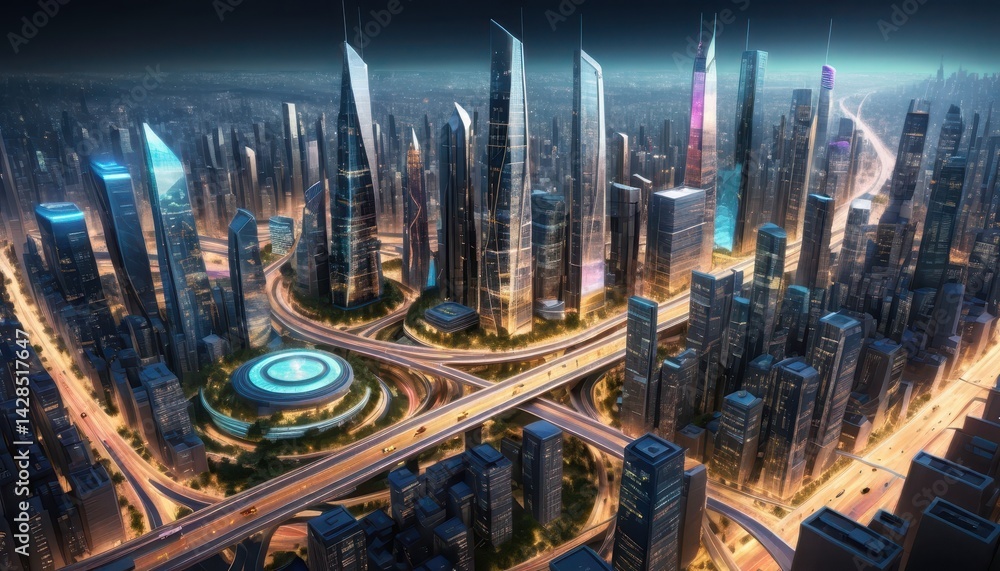 Poster a futuristic cityscape at night with skyscrapers, illuminated highways and overpasses viewed from a 