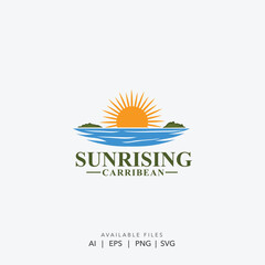 Sunrising Caribbean Logo , Tropical Sunrise Ocean Island Vector Design