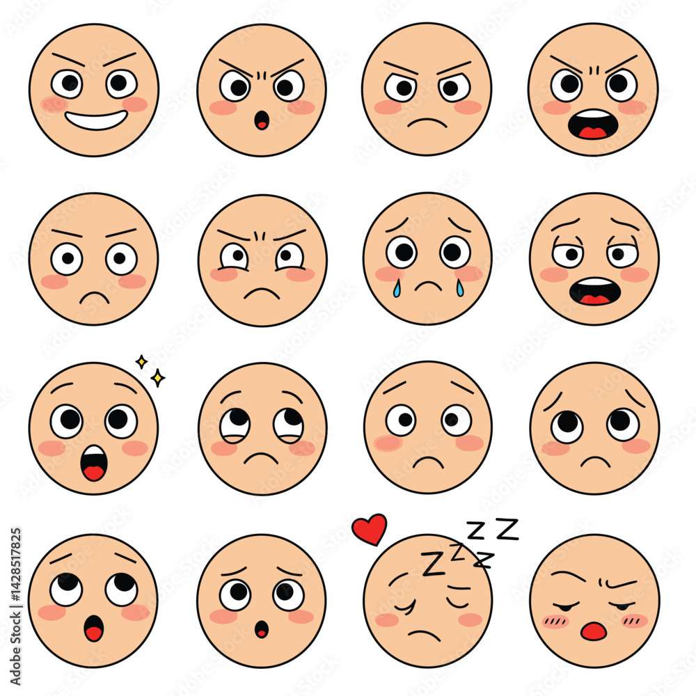 Poster round cartoon face emoji set showing various human emotions and expressions in vector format for com