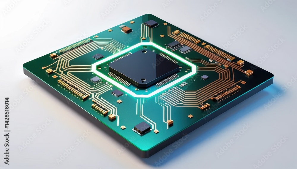 Aufkleber close-up of dark green circuit board with gold circuitry and a central black microchip illuminated w