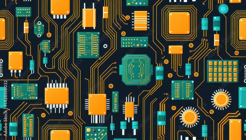 Poster Abstract Illustration of a Complex Circuit Board with Interconnected Microchips and Electronic Components in Orange and Teal Color Palette Design