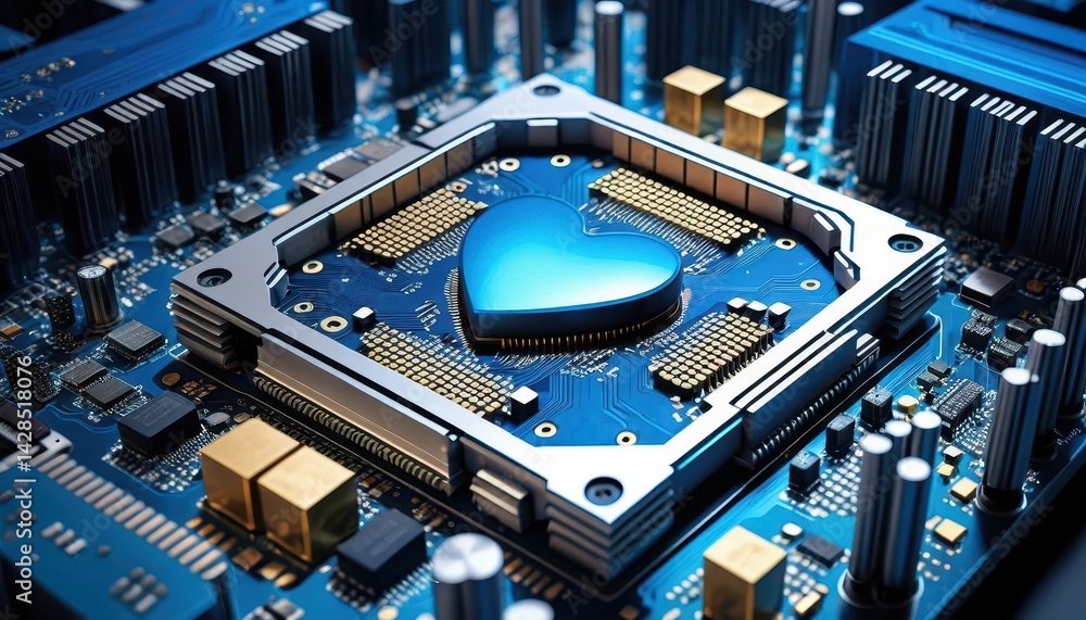 Poster Close-up view of a computer motherboard with stylized blue heart-shaped CPU design showcasing intricate technology and modern electronic components displayed vividly