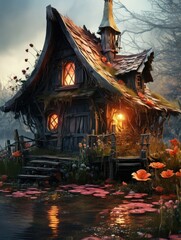 Fototapeta premium A whimsical cottage with glowing windows nestled beside a pond filled with floating flower petals