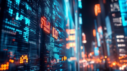 Obraz premium Digital Data Display with Cityscape Background, stock market values screen glowing at night