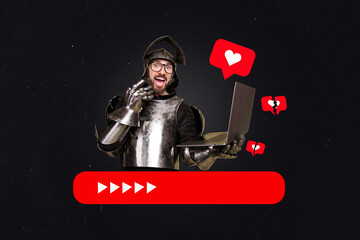 Trend artwork composite banner collage of young man warrior knight ancient hero style clothing hold...