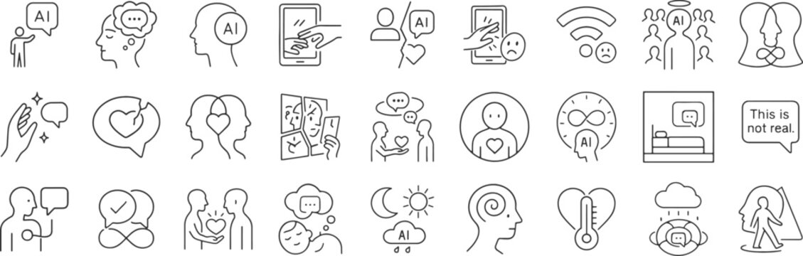 AI copresence attachment states line icon set. Vector pictograms of intimacy, relationship, tech, artificial empathy, mental projection, talk, social interaction, thin linear illustration.