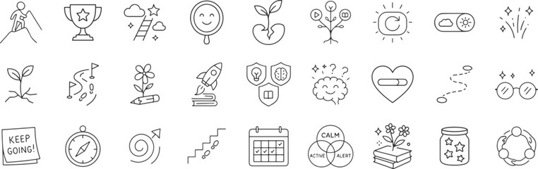 Growth mindset line icon set. Vector pictograms of motivation, education, resilience, student learning, reflection, challenge, progress, development, skills, trophy, thin linear illustration.