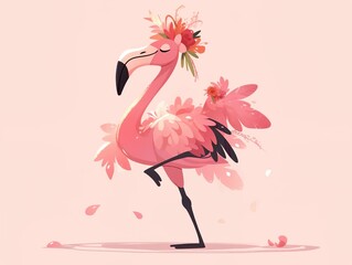 A cute pink flamingo character wearing a flower crown prances joyfully, captured in a charming, painterly illustration style against a soft pink background. 