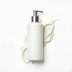 Obraz premium White lotion bottle. Minimalist skincare product pump bottle with creamy lotion splash on white background, perfect for beauty product mockup.