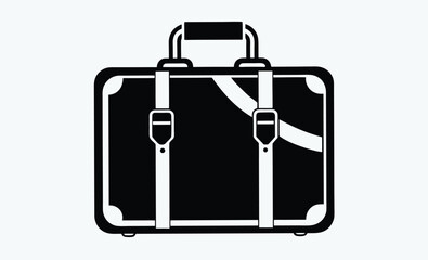 Vintage travel bag silhouette, A black and white line art drawing of a vintage canvas travel bag with leather trim