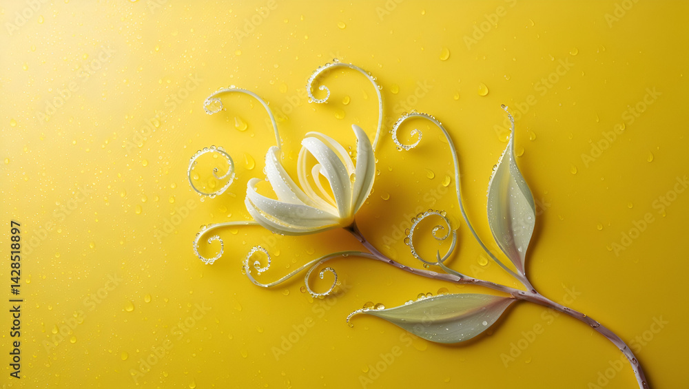 Poster minimal spring composition with delicate flowers placed on a solid yellow background, representing s