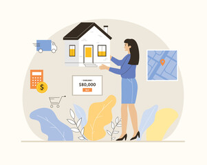 Real estate online. Woman looking home on virtual market. Buy or rent house online. Flat vector illustration.