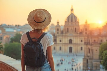 Fototapeta premium A woman views a cityscape with a large building and sun