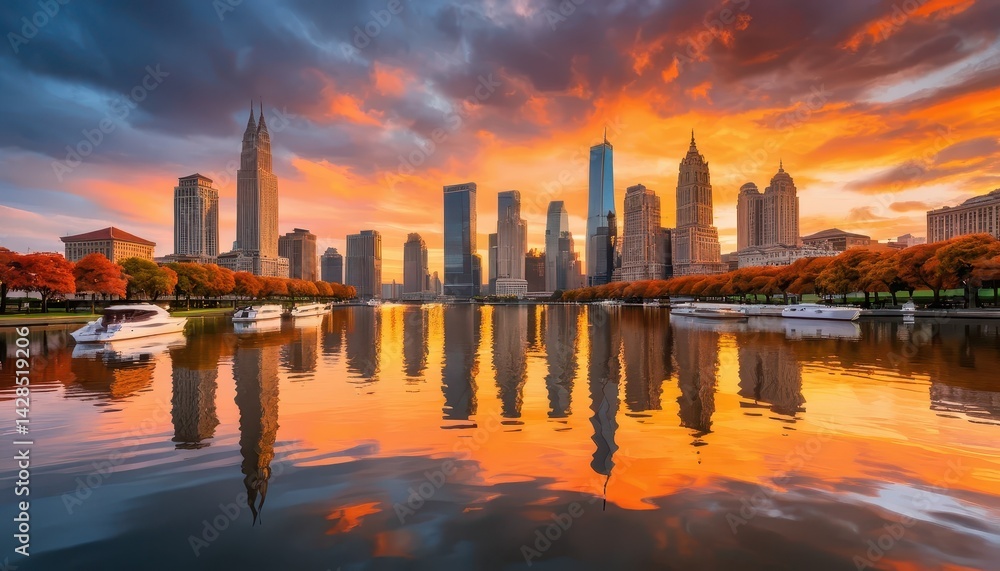 Poster vibrant sunset over calm lake reflecting modern city skyline with autumn trees and gently floating b