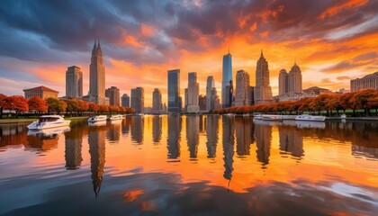 Obraz premium Vibrant Sunset Over Calm Lake Reflecting Modern City Skyline with Autumn Trees and Gently Floating Boats Creating a Serene Nature Scene