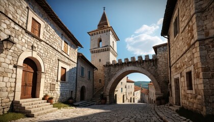 Fototapeta premium Sunlit cobblestone street in a medieval village with stone buildings, arched gateway, and tall bell tower creating a picturesque historical scene