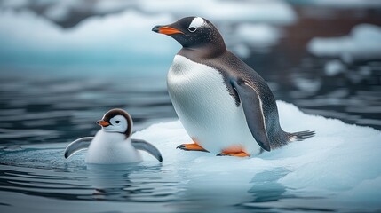 Fototapeta premium Gentoo penguin parent and chick on ice floe