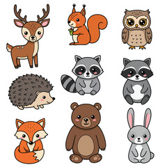 Naklejka premium Cute wild forest animals collection with deer squirrel owl raccoon hedgehog fox bear and rabbit in vector style 