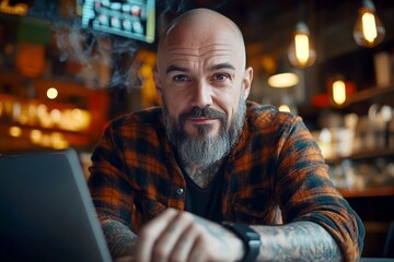 Diagram are projected onto his face. A smiling widely caucasian adult man with dark hair, unkempt unshaven with a smoking cigarette and tattoos, staring at the display of a macbook.