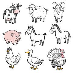 Naklejka premium Farm animals collection including cow sheep goat pig horse chicken duck and turkey in vector illustration style