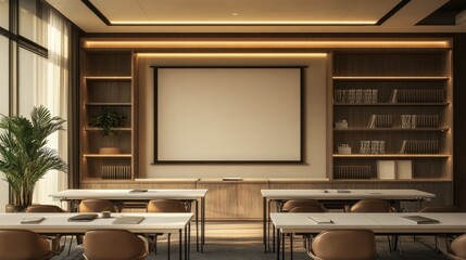 Podium ready for speaker in a neutral-tone office, with clean tables, book-lined shelf, and projection screen behind