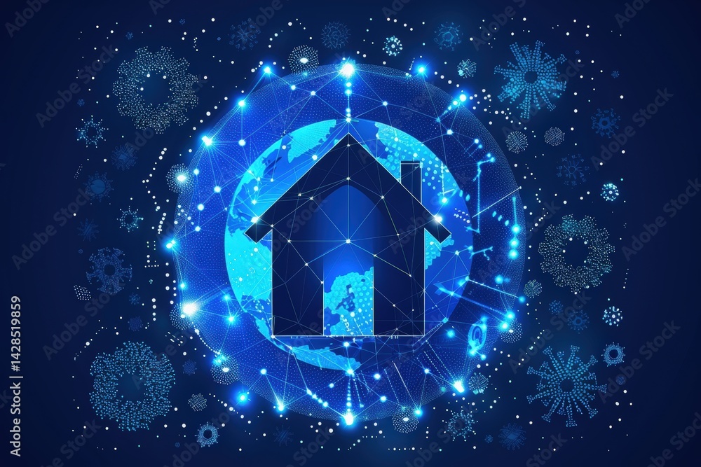 Poster a digital illustration of a house on a globe, surrounded by interconnected nodes and abstract patter
