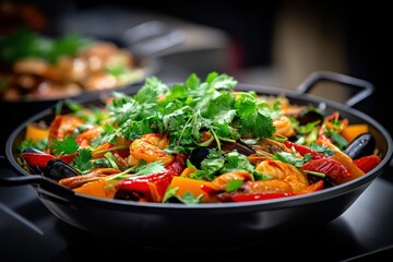 Colorful Seafood Dish with Shrimp and Vegetables in a Black Pan