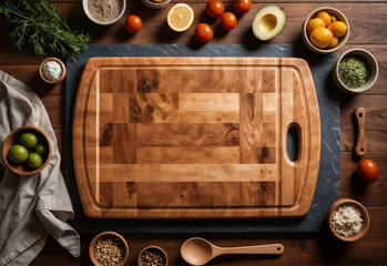 Cutting board surrounded by fresh ingredients on dark table with rustic kitchen elements