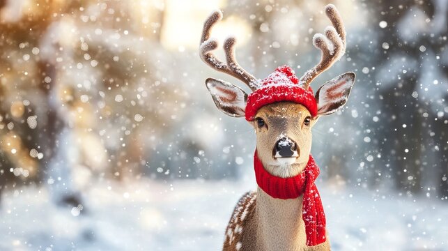 Adorable Reindeer in Red Knit Hat and Scarf Winter Wonderland Festive Season Cute Animal Holiday Cheerful Christmas New Year Snow Scene Wildlife Photography Happy Festive Season Wildlife Image cold   
