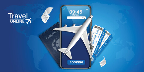 Airplane is taking off from passport with location pin. Luggage blue, air ticket and cloud float away. For media tourism advertising banner design. Holiday travel and Transport concept. 3D Vector.