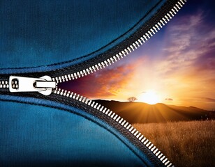 Blue zipper revealing stunning sunset over rolling hills