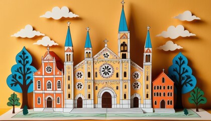 Obraz premium Meticulously Crafted Paper Model of a Charming European Town Square with Cathedral, Buildings, Trees, and Fluffy Clouds in Detailed Design Layout