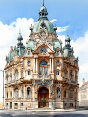 Naklejka premium An ornate building with a green dome and intricate architectural details under a bright blue sky day time