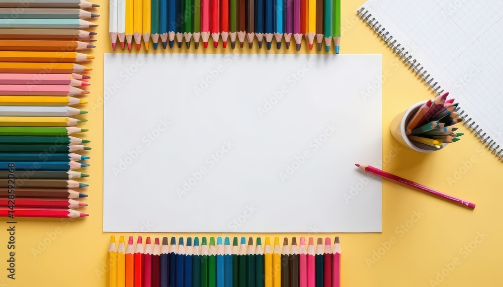 Poster a vibrant arrangement of colored pencils surrounding a blank sheet of white paper on a table with a 