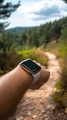 Blank screen smartwatch on the wrist of a young man exercising. Person Wearing Smartwatch on Hiking Trail