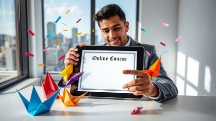 Online learning completion. Businessman smiling at tablet displaying online course certificate with colorful paper cranes and confetti.