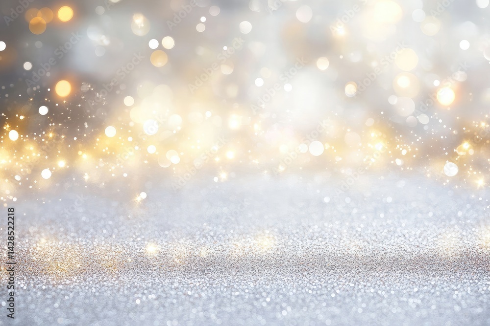 Poster shimmering silver glitter background texture with sparkling golden bokeh effect