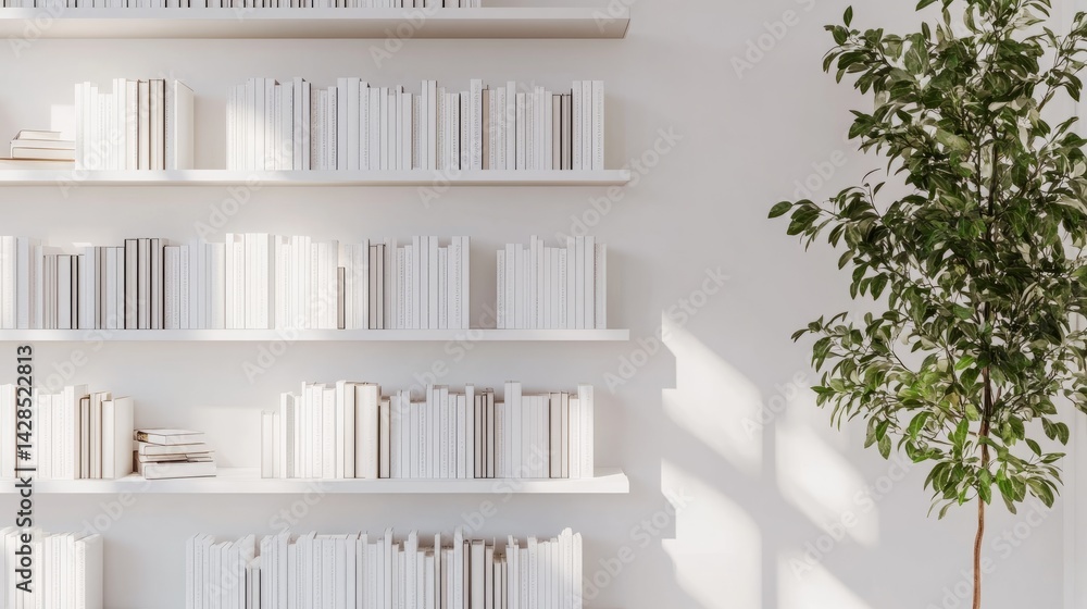 Poster top view of a minimalist bookshelf layout featuring evenly spaced white books in a quiet corner