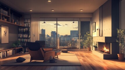 Naklejka premium Urban modern living space with a fireplace and armchair next to a wide window, styled with a compact bookshelf