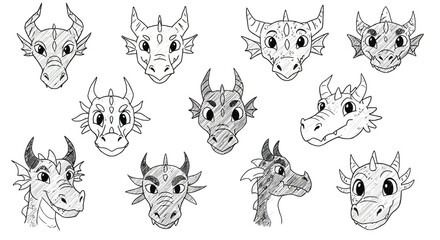 Fototapeta premium Dragon head sketches with various expressions and designs in black and white line art vector illustration 