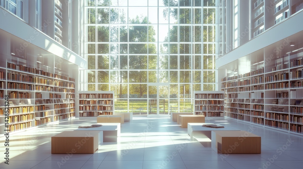 Poster well-lit library space with a clean, open design and minimalist reading tables beneath tall windows