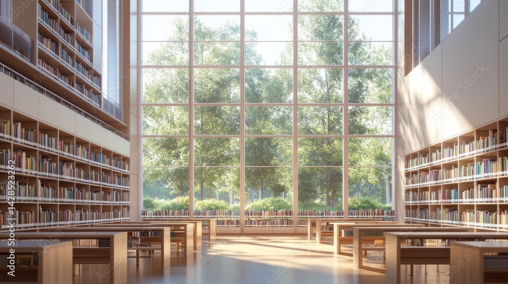 Poster well-lit library space with a clean, open design and minimalist reading tables beneath tall windows
