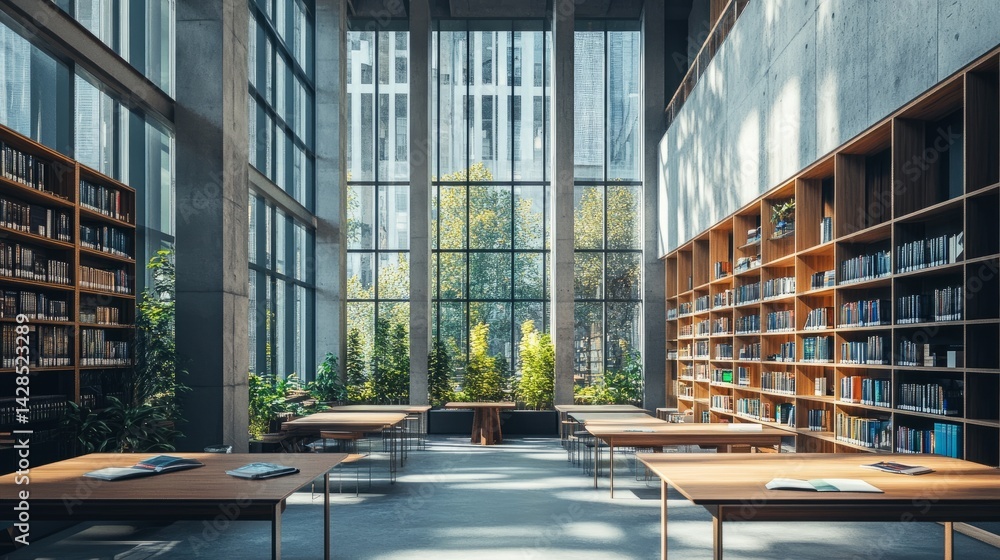 Poster well-lit library space with a clean, open design and minimalist reading tables beneath tall windows