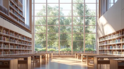 Obraz premium Well-lit library space with a clean, open design and minimalist reading tables beneath tall windows