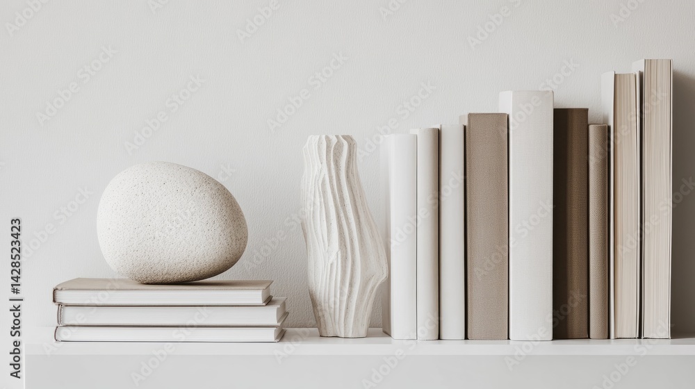 Poster white and taupe books arranged in balance on a minimalist shelf with a unique sculptural accent piec