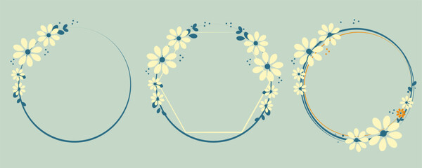 abstract floral background with flowers, Set of round frames made of light daisy flowers. Floral round frame on light background. Hand drawn illustration, botanical round frame, laurel, wreath with br