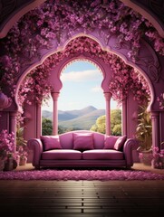 A pink couch in a room with an archway covered in pink flowers overlooking a landscape scene